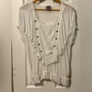 Free People Gauze Ruffle Tunic Blouse Cream Beige Short Sleeve Boho Medium